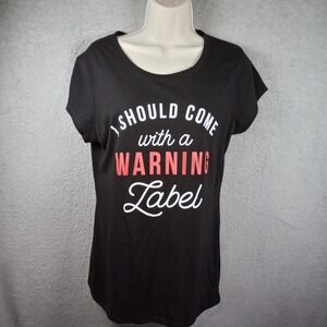 Wound Up Womens Black Warning Label Graphic T-Shirt XL 15-17 Short Sleeve Tee